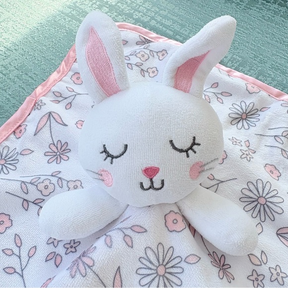 George White Pink Floral Bunny Rabbit Satin Trim Security Blanket Baby Lovey - Picture 5 of 16
